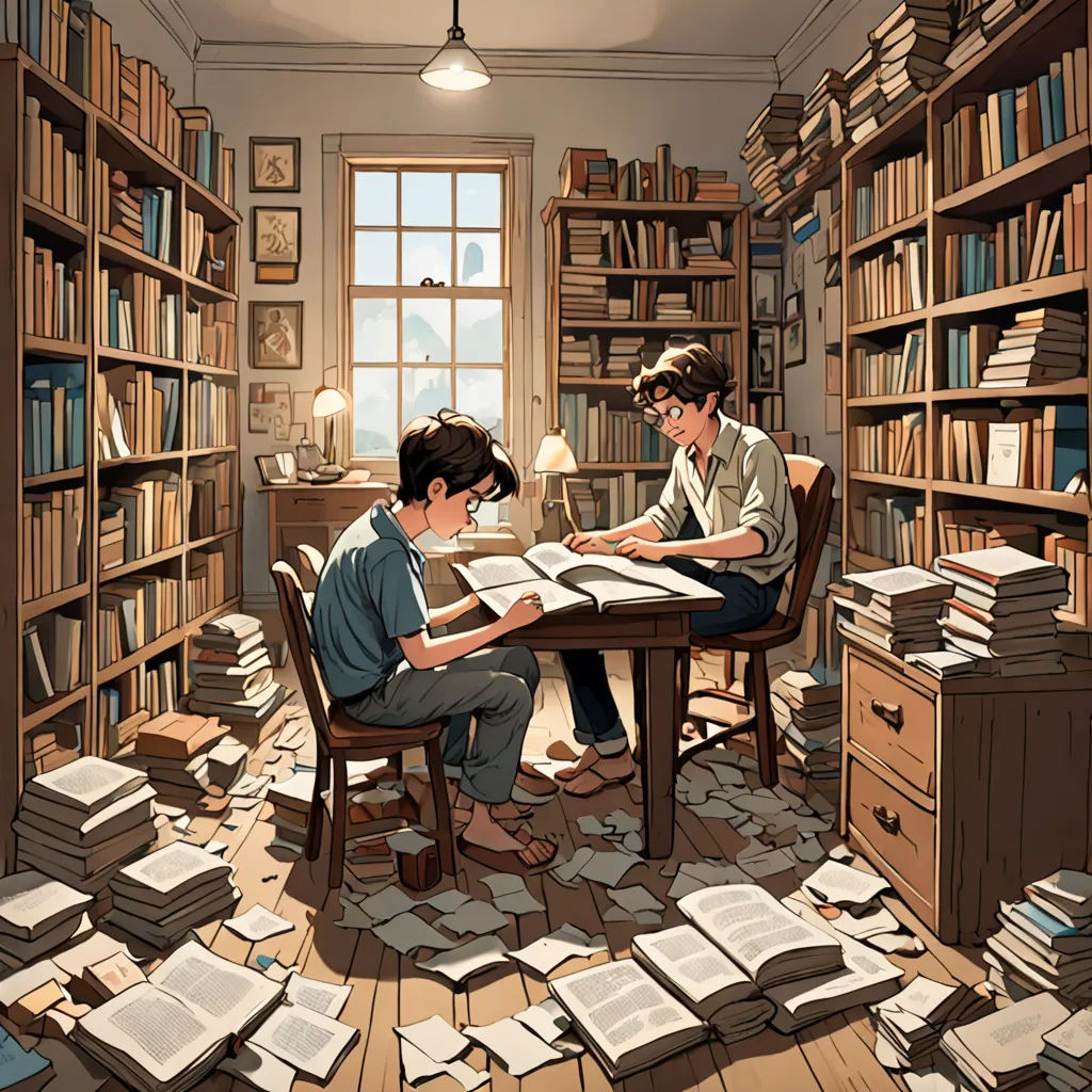 a couple of people sitting at a table in a room filled with books and papers on the floor of a room, academic art, a storybook illustration, Diego Gisbert Llorens, cushart krenz