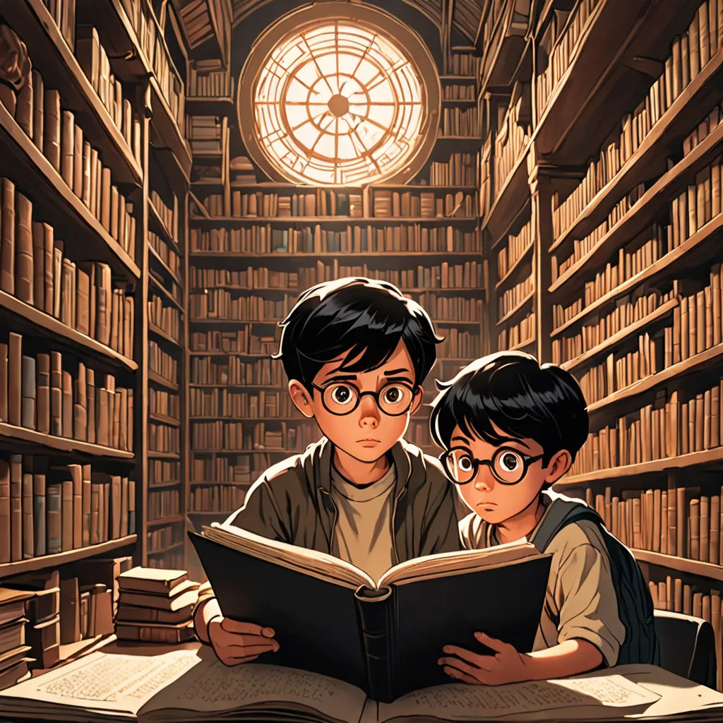 two children reading a book in a library full of bookshelves and a clock on the wall above them, fantasy art, a storybook illustration, Brothers Hildebrandt, official art