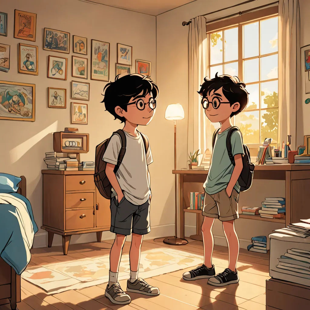 two young boys standing in a bedroom with a bed and a desk in the background, with a window to the left, magic realism, a storybook illustration, Brothers Hildebrandt, official art