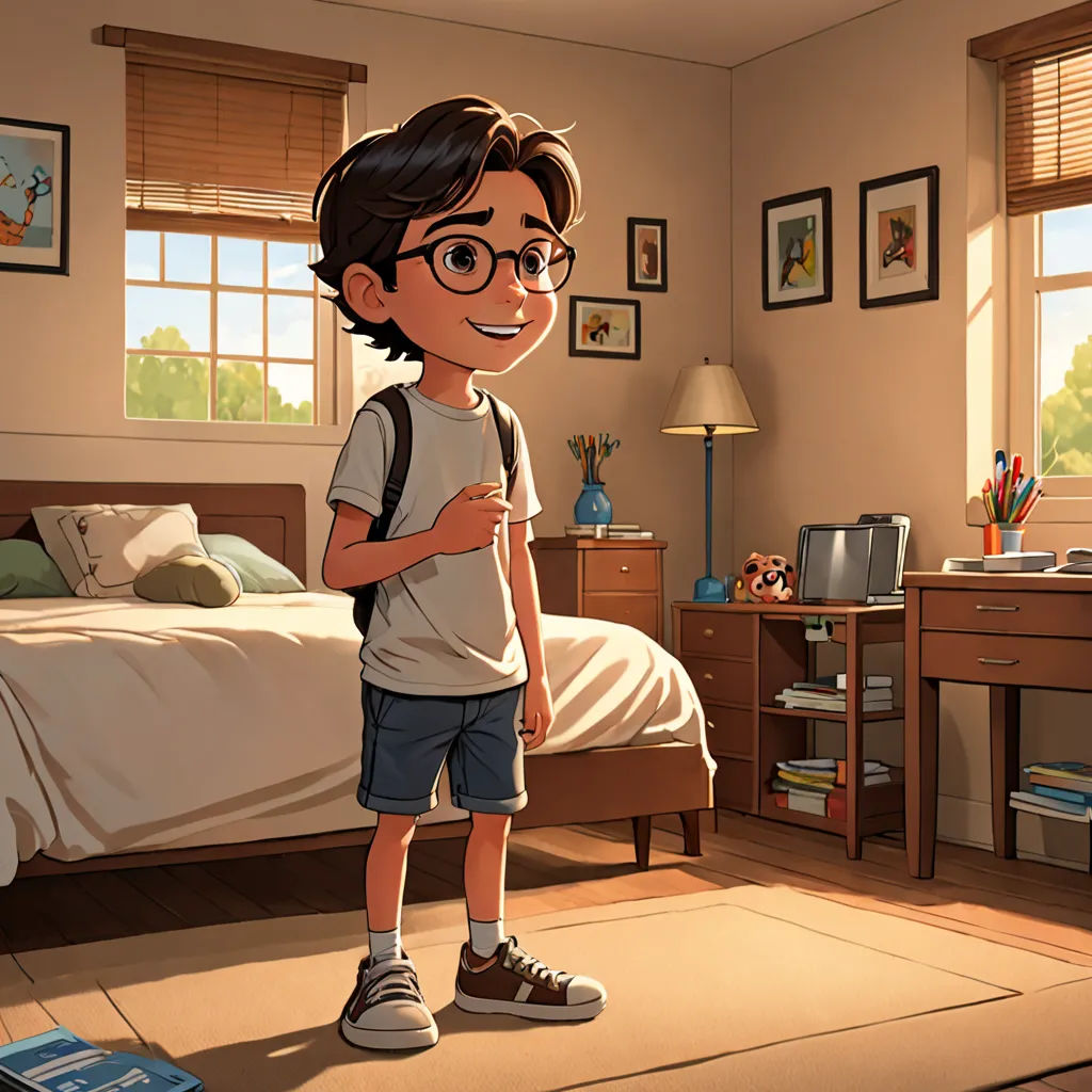 a boy in a bedroom with a bed and a desk with a laptop on it and a book on the floor, american scene painting, a storybook illustration, Aaron Jasinski, official art
