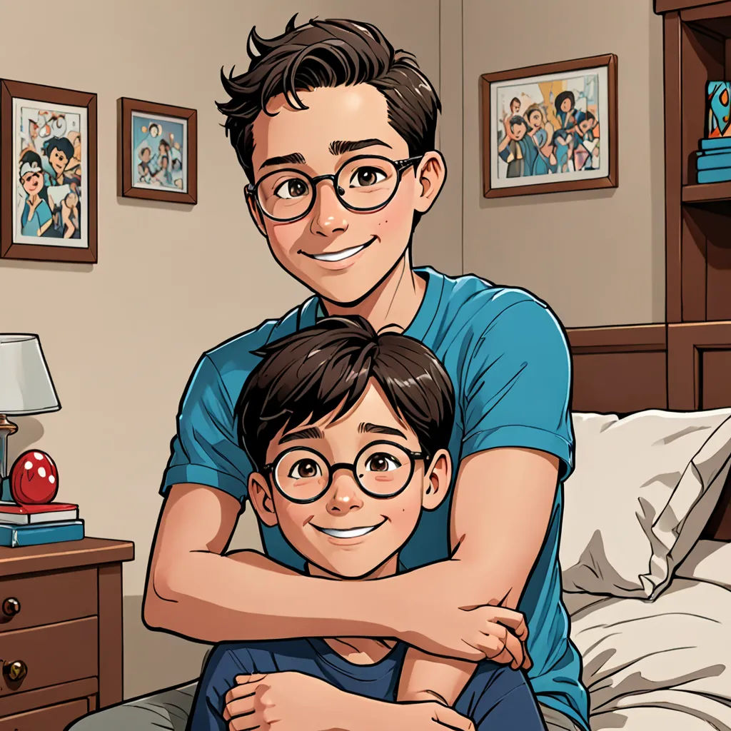 a man and a boy are sitting on a bed together, with a picture of a boy on the wall behind them, lyco art, a comic book panel, Diego Gisbert Llorens, comic book