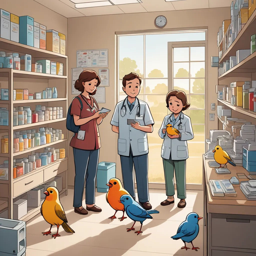 a cartoon of a pharmacy with birds and a woman looking at a phone and a man standing in the background, neoplasticism, a storybook illustration, Chris LaBrooy, birds