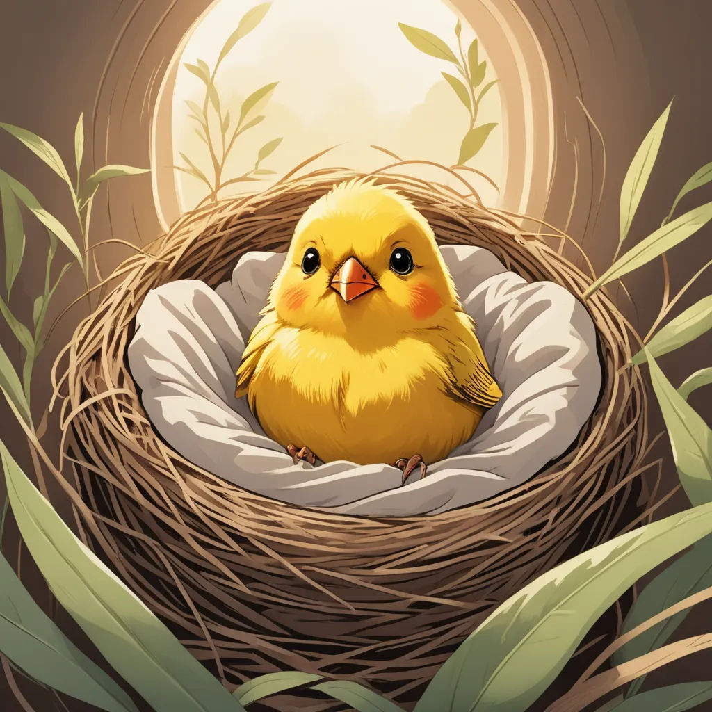a yellow bird sitting in a nest with a light in the background and leaves around it, with a full moon in the background, magic realism, a digital painting, Anne Said, rossdraws global illumination