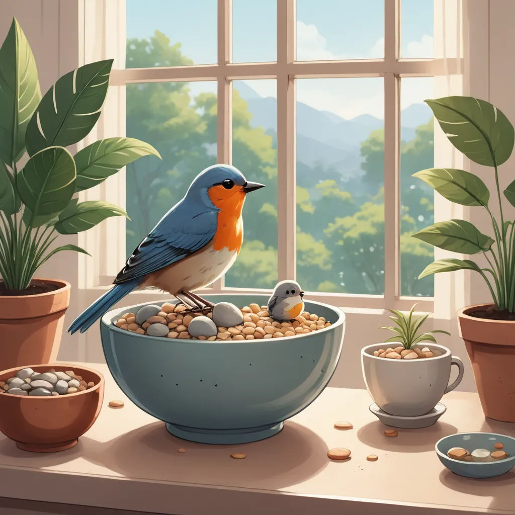 a bird sitting on a bowl of rocks next to a window with a bird on it and a bird in a nest, american scene painting, a storybook illustration, Chris LaBrooy, storybook illustration