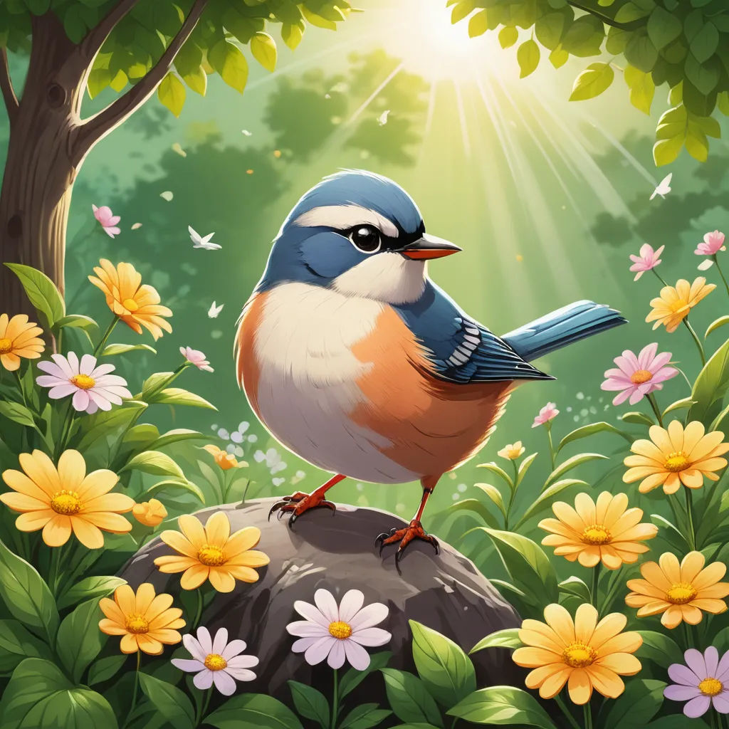 a bird sitting on a rock in a flowery forest with daisies and a tree in the background, sots art, a character portrait, Chris LaBrooy, official art