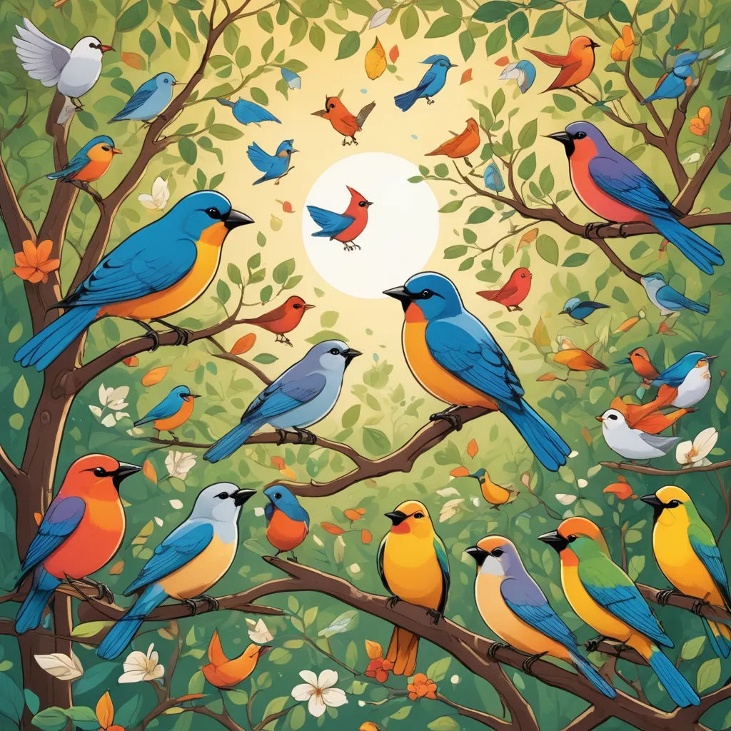 a painting of a group of birds sitting on a tree branch with a sun in the background and a tree with many leaves, generative art, a storybook illustration, Chris LaBrooy, birds