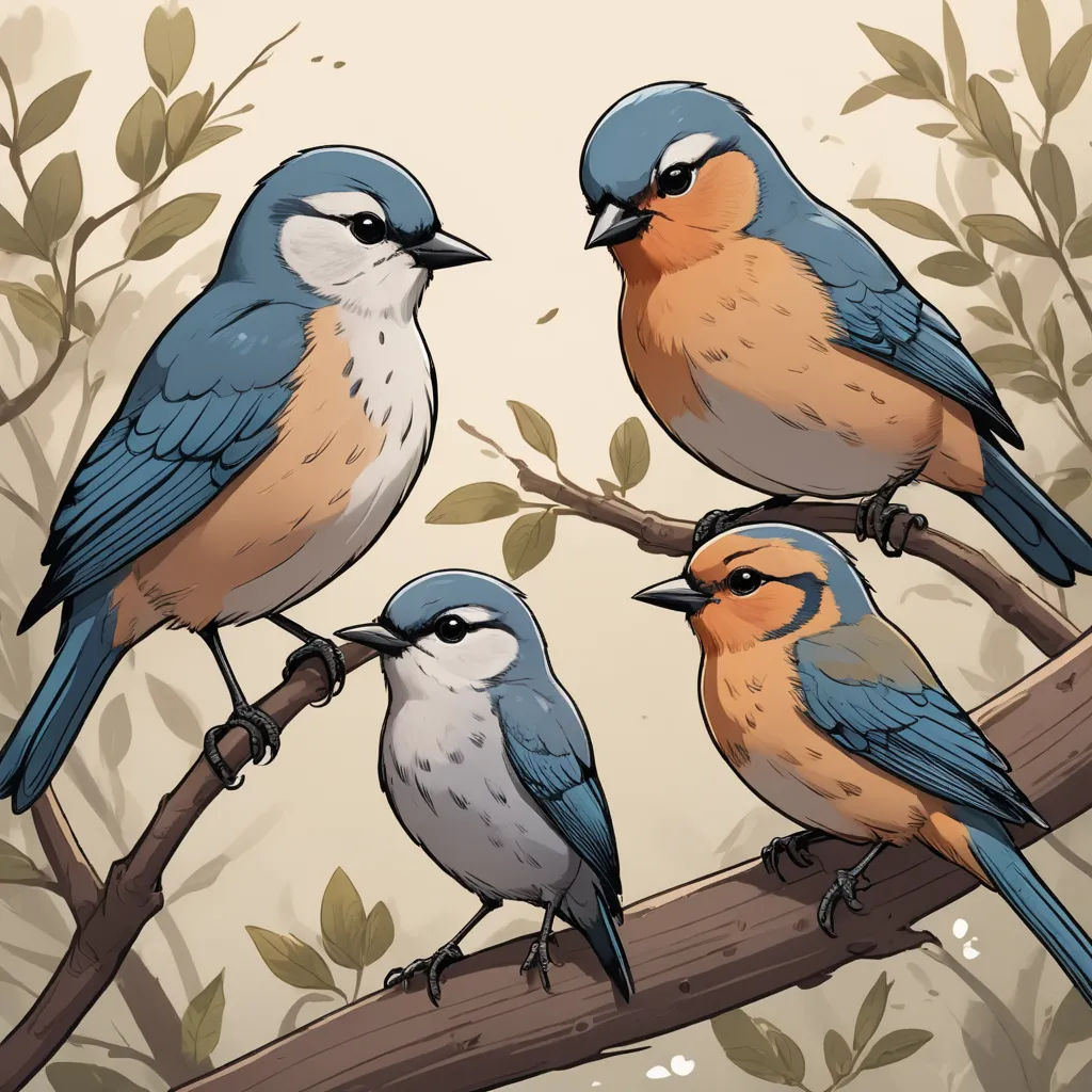 three birds sitting on a branch with leaves and branches around them, one of them is blue and the other is orange, process art, a comic book panel, Charles Bird King, birds