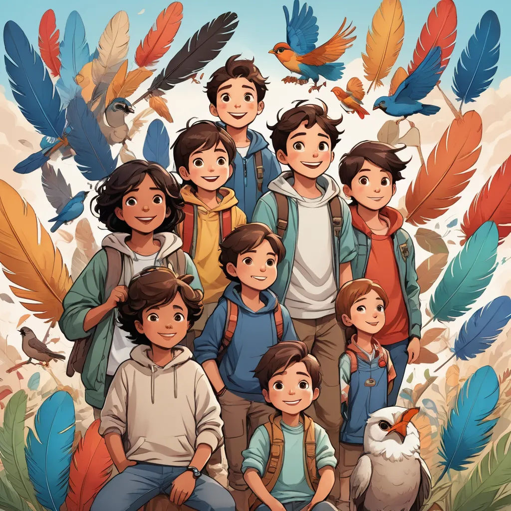 a group of people standing next to each other in front of a bunch of feathers on a blue background, process art, a poster, Cliff Childs, comic cover art