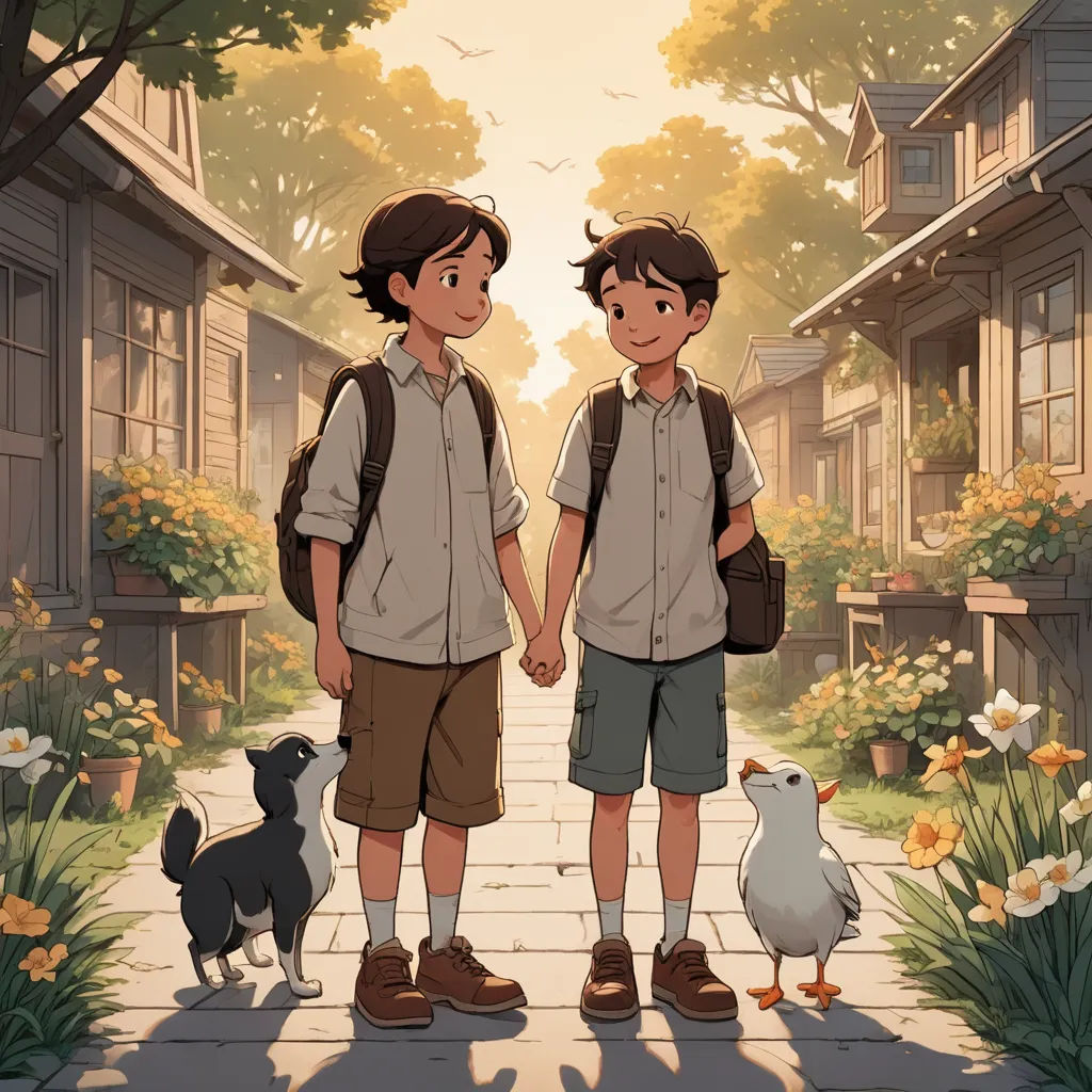 two boys standing on a sidewalk with a dog and a bird in front of them, with a house in the background, vancouver school, a storybook illustration, Diego Gisbert Llorens, official art