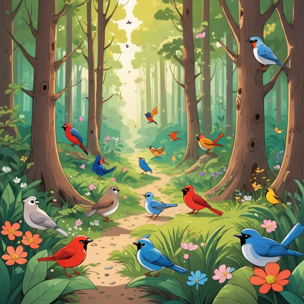 a painting of a forest with many birds in it and a path leading to the trees with flowers and butterflies, fantasy art, a storybook illustration, Chris LaBrooy, birds