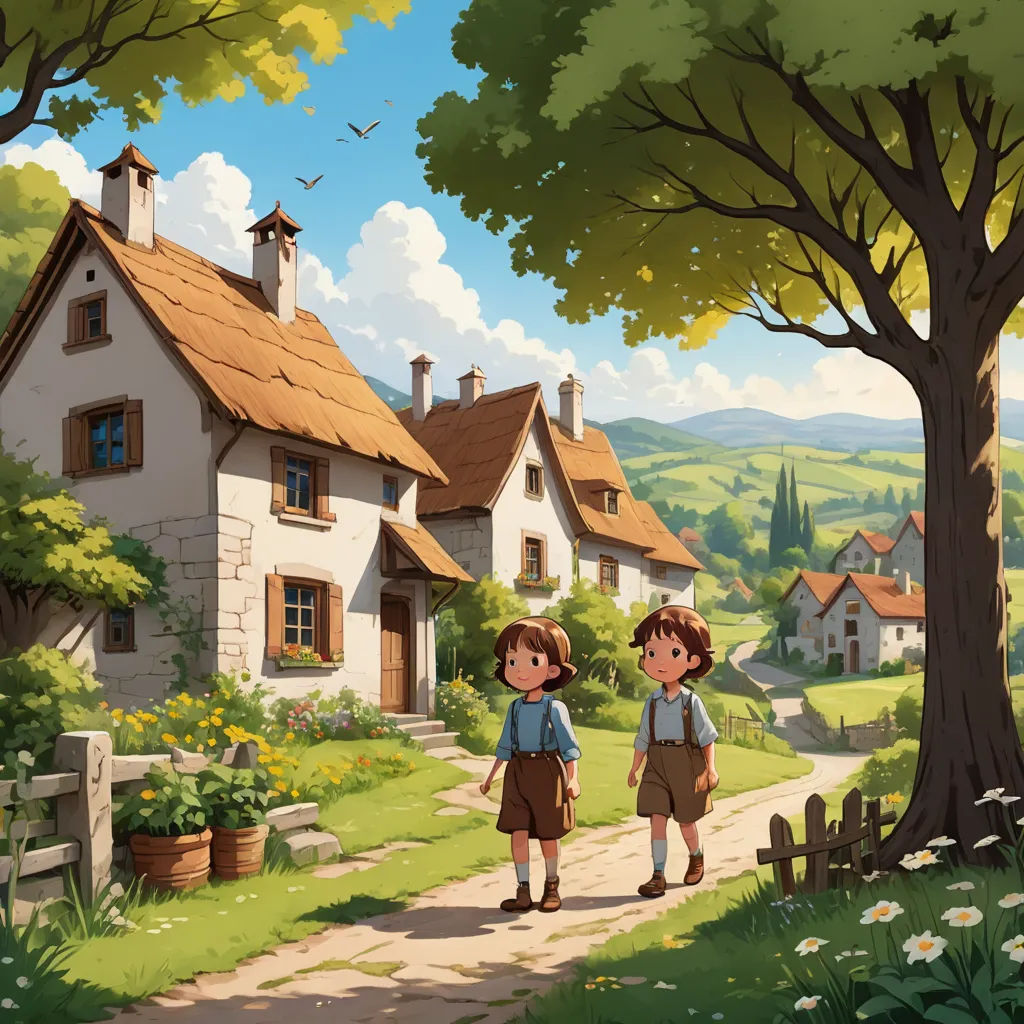 a couple of kids walking down a path to a house in the countryside with a dog on the side, plein air, a storybook illustration, Diego Gisbert Llorens, storybook illustration