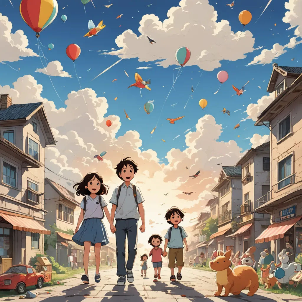 a family walking down a street with balloons flying in the sky above them and a dog on the sidewalk, magical realism, a detailed painting, Akira Toriyama, anime key visual