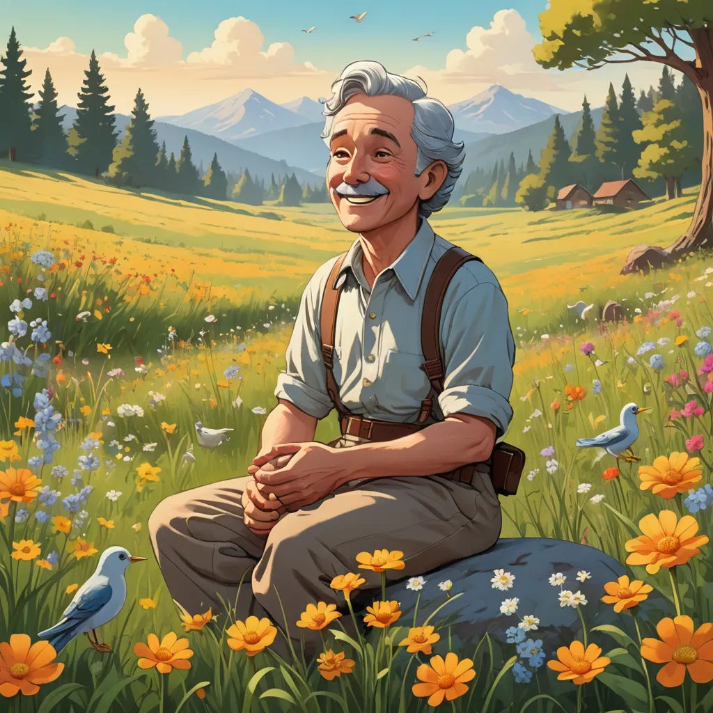 a painting of a man sitting in a field of flowers with a bird on his shoulder and a bird on his shoulder, magical realism, a storybook illustration, David Brewster, official art