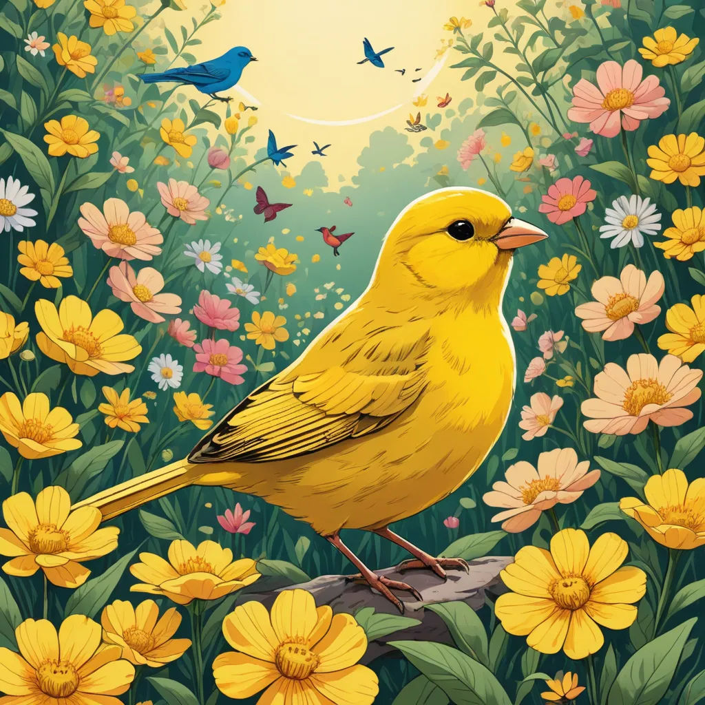 a yellow bird sitting on a branch in a field of flowers with a full moon in the background and butterflies flying overhead, magic realism, a storybook illustration, Chris LaBrooy, birds
