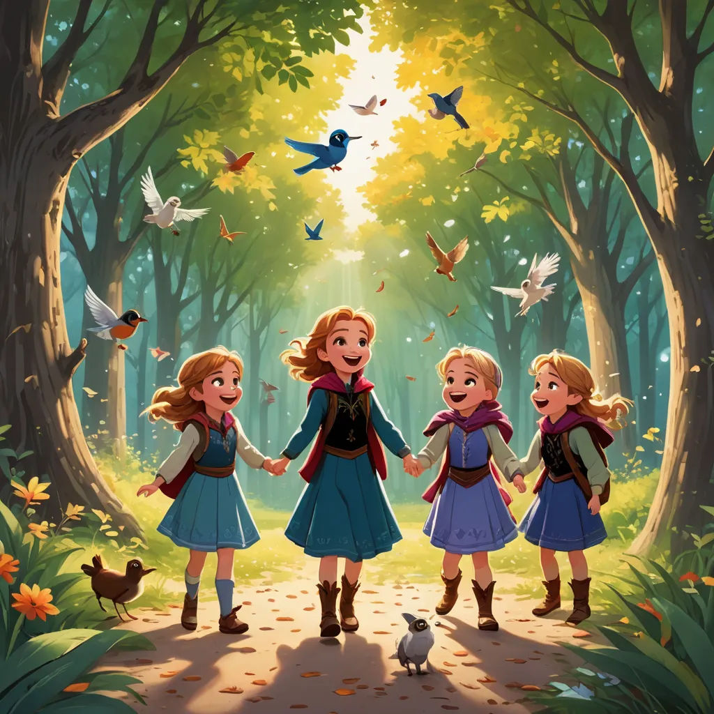 a group of three girls walking through a forest holding hands and birds flying overhead above them, with a forest scene in the background, sots art, a storybook illustration, Anne Said, official art