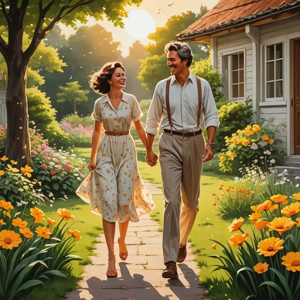 a painting of a man and woman walking through a garden holding hands and smiling at each other as the sun sets, american scene painting, a detailed matte painting, Evgeny Lushpin, highly detailed digital painting