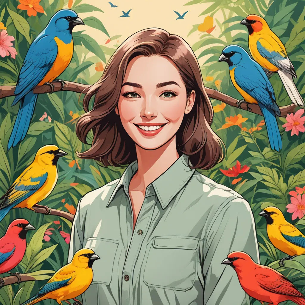 a woman standing in front of a bunch of birds on a tree branch with a green shirt on and a yellow background, naturalism, a character portrait, Artgerm, high detail illustration
