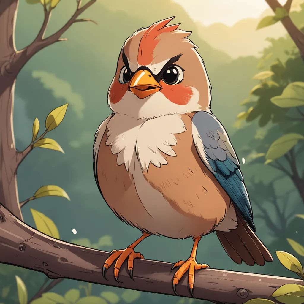 a bird sitting on a branch in a forest with trees and leaves in the background, with a sun shining through the leaves, sots art, a character portrait, Chris LaBrooy, angry