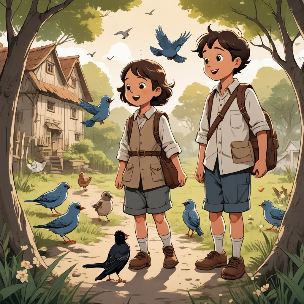 a boy and a girl standing in front of a bird and a house with birds around them and a bird flying around them, paris school, a storybook illustration, Diego Gisbert Llorens, official art