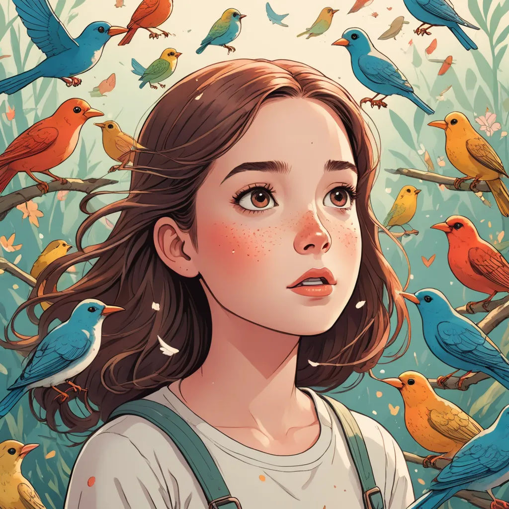 a girl with a backpack standing in front of a bunch of birds on a tree branch with leaves and branches, fantasy art, a storybook illustration, Atey Ghailan, birds
