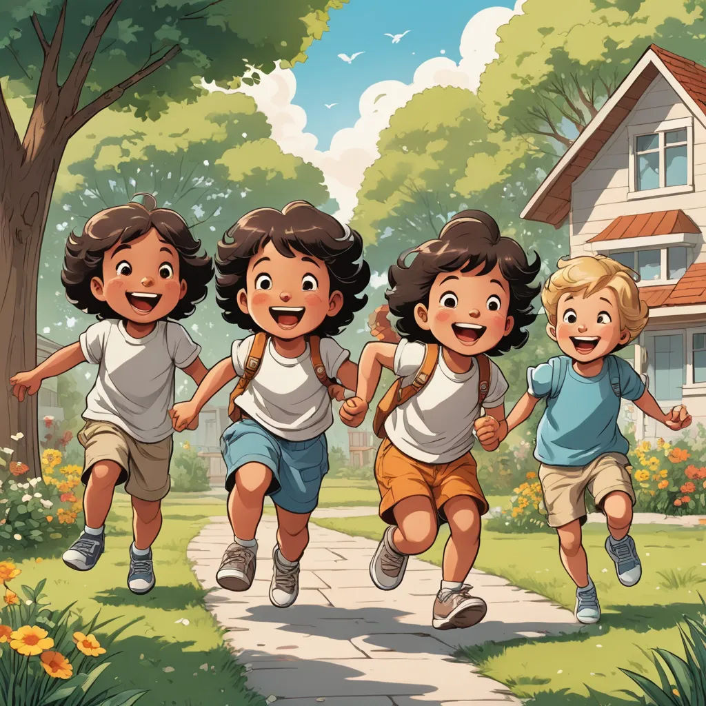 a group of children running down a path in a park with a house in the background illustration by alex krawc, danube school, a storybook illustration, Diego Gisbert Llorens, storybook illustration