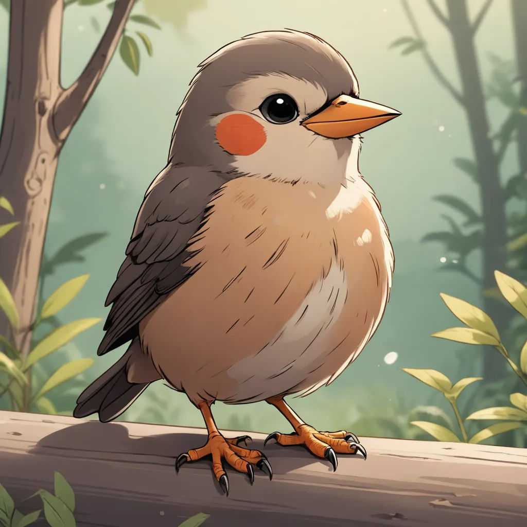 a bird sitting on a branch in a forest with a background of trees and bushes and leaves, with a red - eyed bird with orange beak, sots art, a character portrait, Anne Said, game art