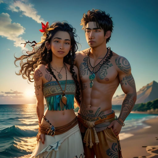 a man and woman standing on top of a beach next to the ocean with tattoos on their bodies and body