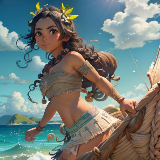 a girl in a bikini riding a boat on the beach with a sailboat in the background and a sky with clouds