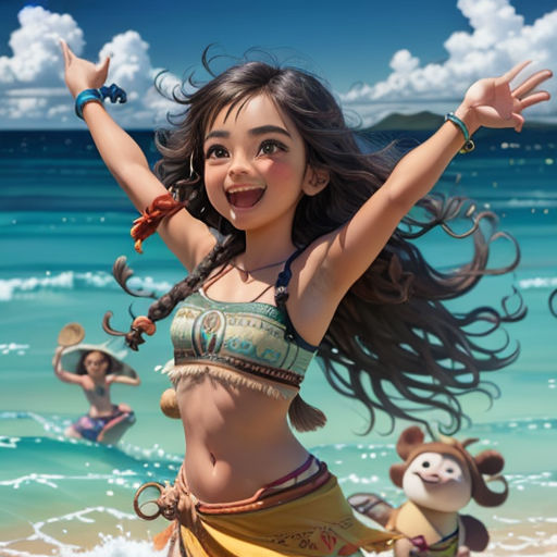 a girl in a bikini on the beach with a monkey in the background and a monkey in the foreground