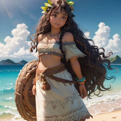 a girl in a dress on the beach with a hula skirt and a wreath around her neck and a big smile
