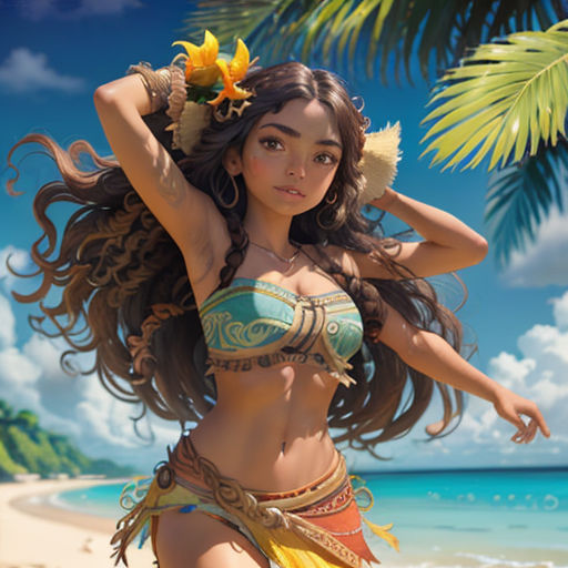a woman in a bikini on a beach with a palm tree in the background and a blue sky in the background