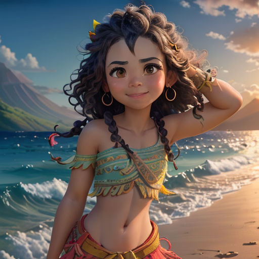 a cartoon girl in a bikini standing on a beach next to the ocean with a mountain in the background