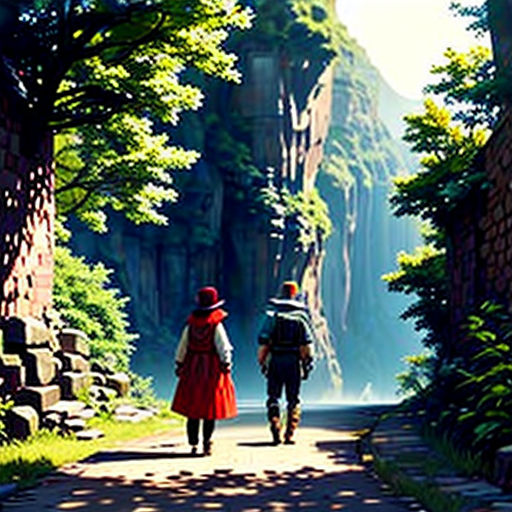 a couple of people walking down a road next to a forest filled with trees and rocks and a tall mountain