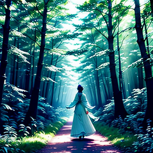 a woman in a white dress walking through a forest with trees and grass on either side of her face