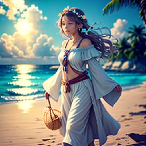 a woman in a white dress walking on a beach with a basket in her hand and a palm tree in the background