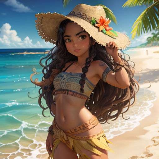 a woman in a bikini and hat on a beach with a palm tree in the background and a blue sky