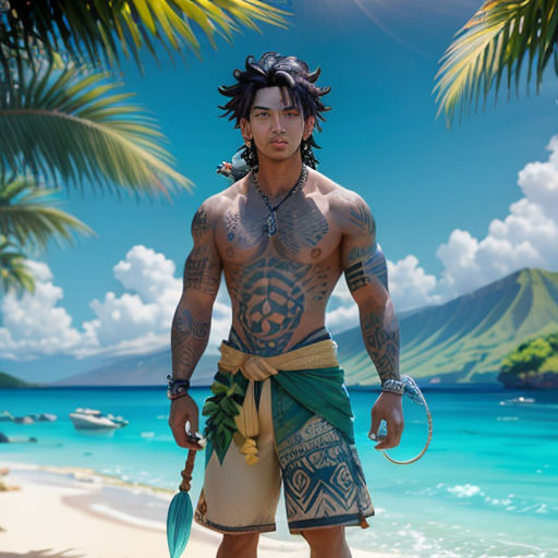 a man with a tattoo standing on a beach next to the ocean with a paddle and a spear in his hand
