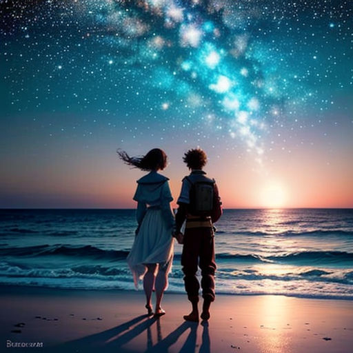 a couple looking at the stars in the sky on the beach at night time with the sun shining brightly