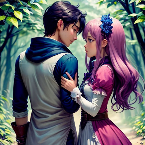 a couple of people standing in the woods together, one is holding the other's head and the other is looking at the other