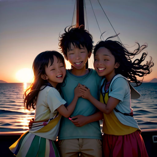 three children are hugging on a boat at sunset, with the sun setting behind them and the ocean in the background