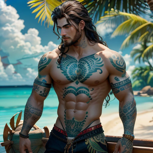 a man with a tattoo on his chest and chest standing on a beach next to a boat with a palm tree