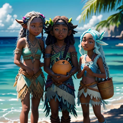 three girls in native american clothing standing on the beach with a ball in their hands and a basket in their hand