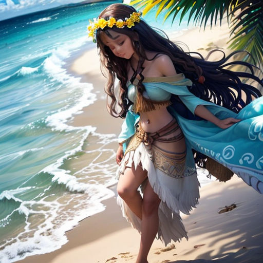 a woman in a bikini and headpiece on a beach with a palm tree and ocean in the background