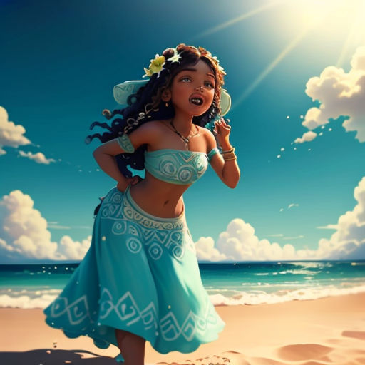 a woman in a blue dress on a beach with a sun in the background and a blue sky with clouds