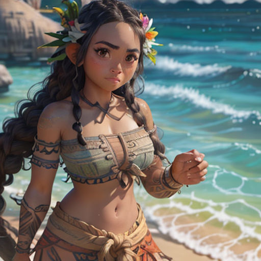 a woman in a bikini standing on a beach next to the ocean with a flower in her hair and a flower in her hair