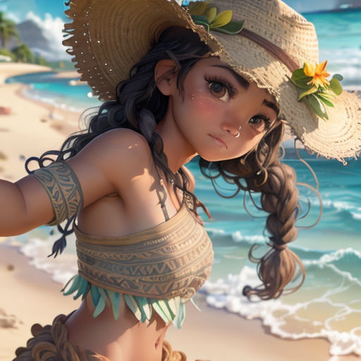 a girl in a hat on the beach with a frisbee in her hand and a hat on her head