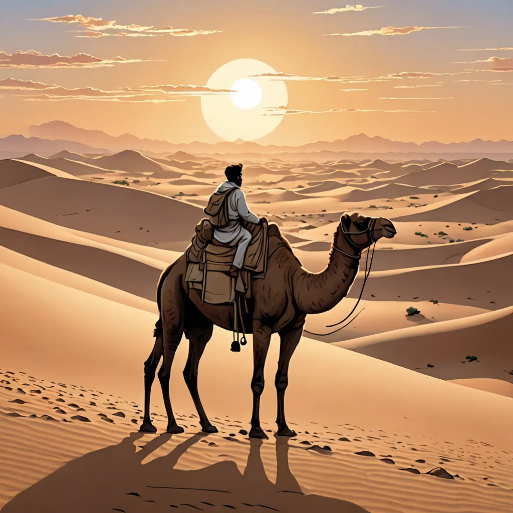 a man riding a camel in the desert at sunset or dawn with the sun setting behind him and the horizon, dau-al-set, a comic book panel, Asaf Hanuka, desert