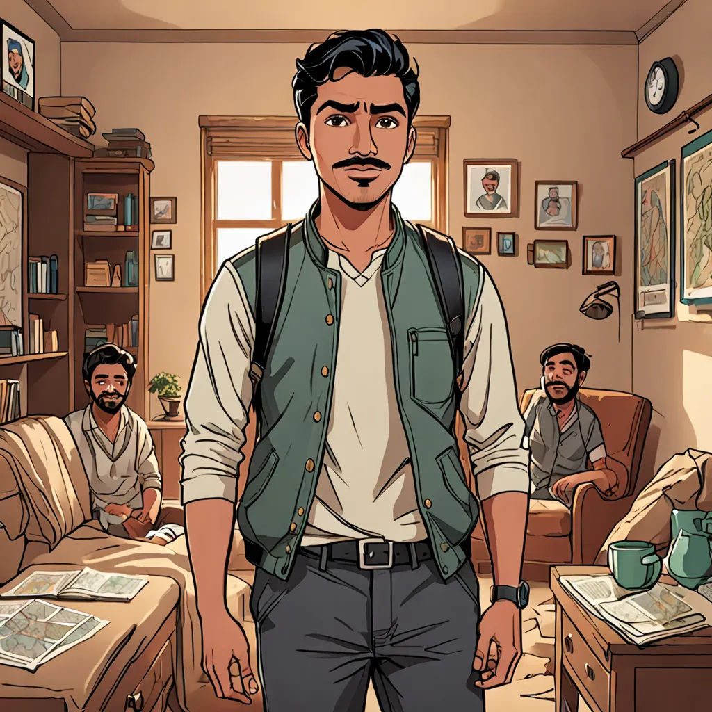 a man standing in a living room with a man sitting on a couch in the background and a man standing in the foreground, serial art, a character portrait, Ahmed Karahisari, official art