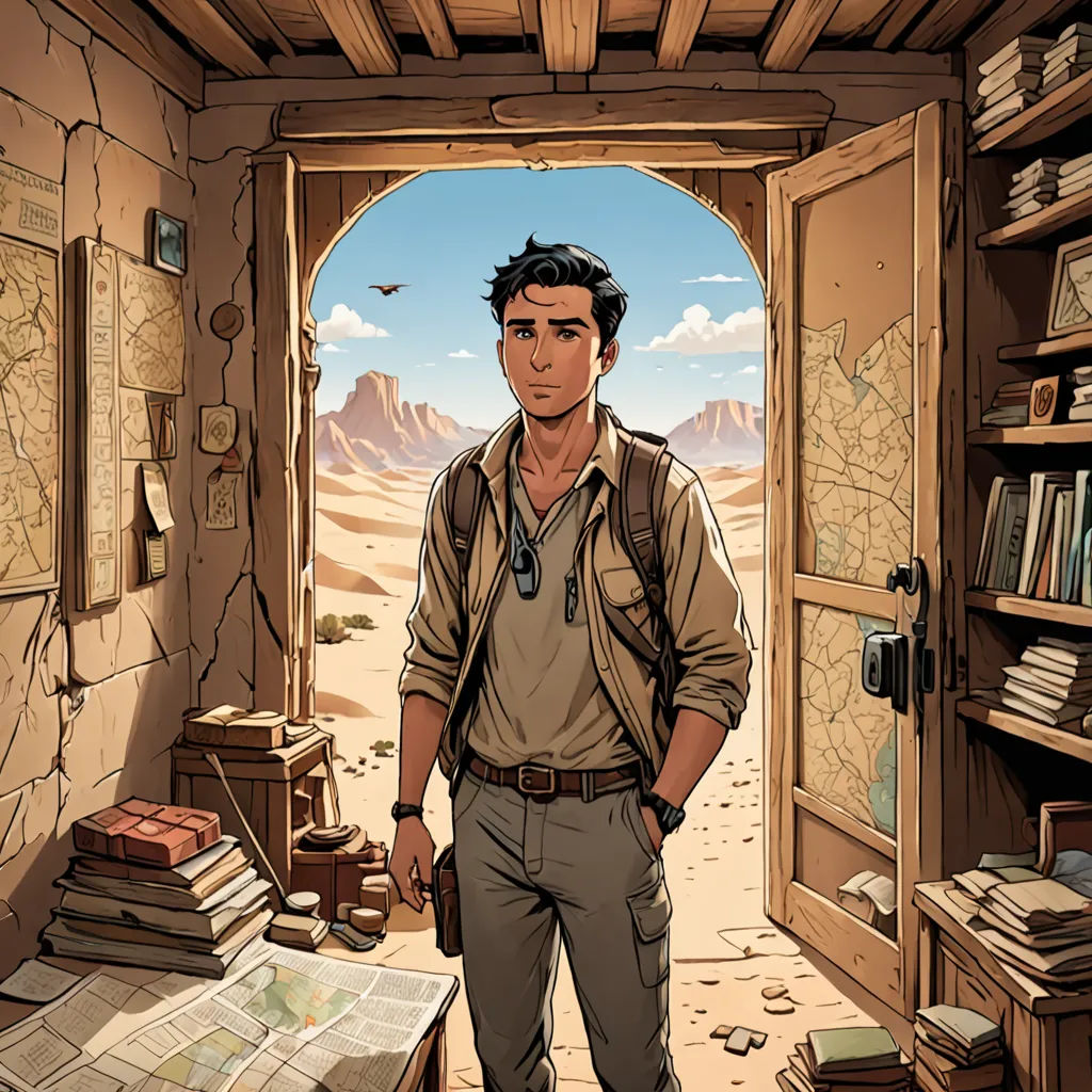 a man standing in a doorway of a room with a map on the floor and a book shelf full of books, serial art, a character portrait, Asaf Hanuka, official art
