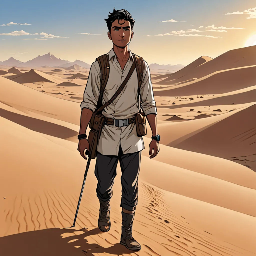 a man with a gun in the desert with a desert background and a sky background with clouds and mountains, serial art, a character portrait, Asaf Hanuka, yukito kishiro